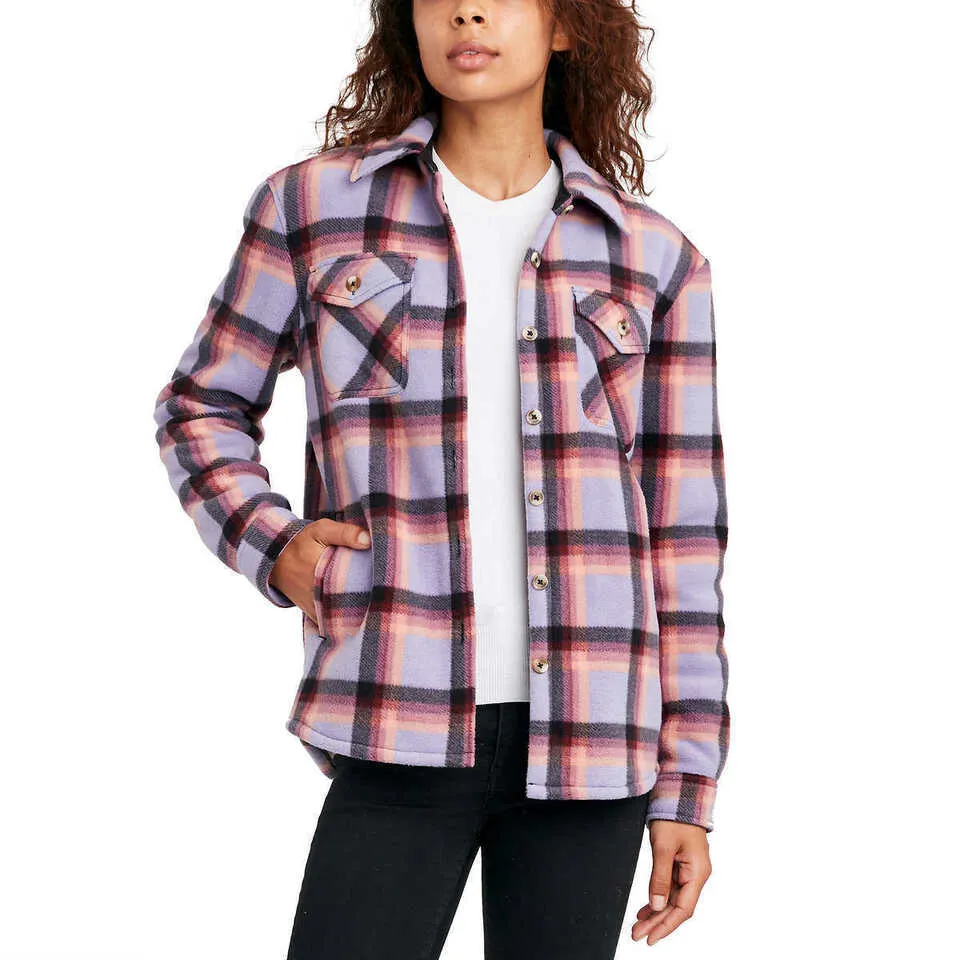 Sage Collective Women's Long Sleeve Plaid Super Plush Sherpa Lined Fleece Shirt Jacket with Pockets