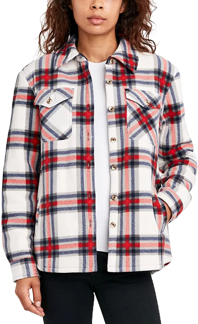 Sage Collective Women's Long Sleeve Plaid Super Plush Sherpa Lined Fleece Shirt Jacket with Pockets