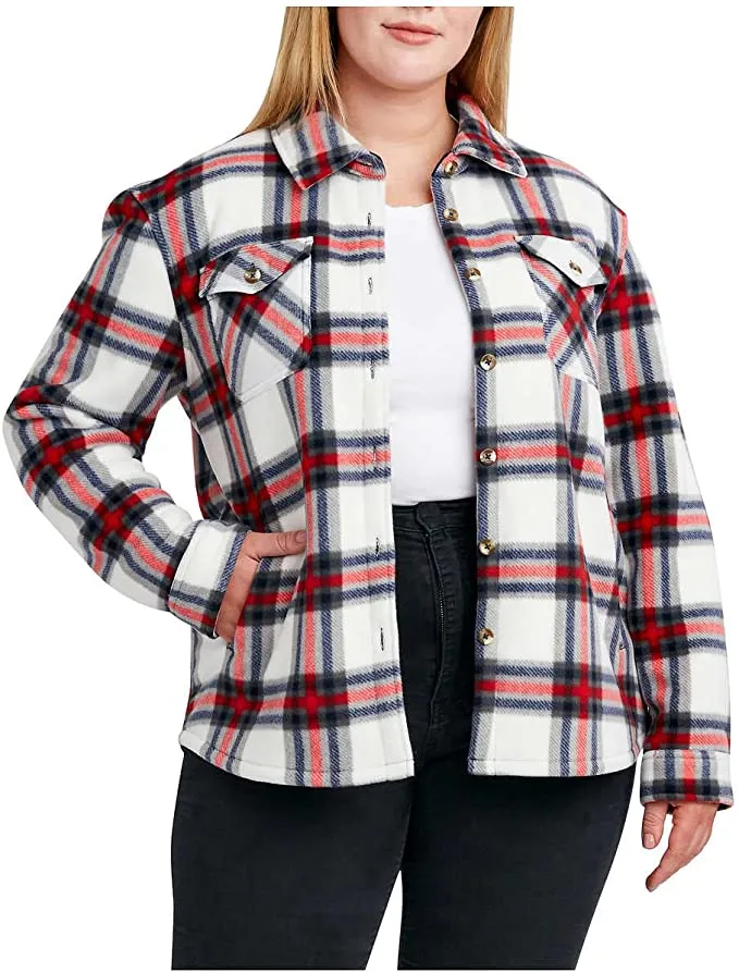 Sage Collective Women's Long Sleeve Plaid Super Plush Sherpa Lined Fleece Shirt Jacket with Pockets