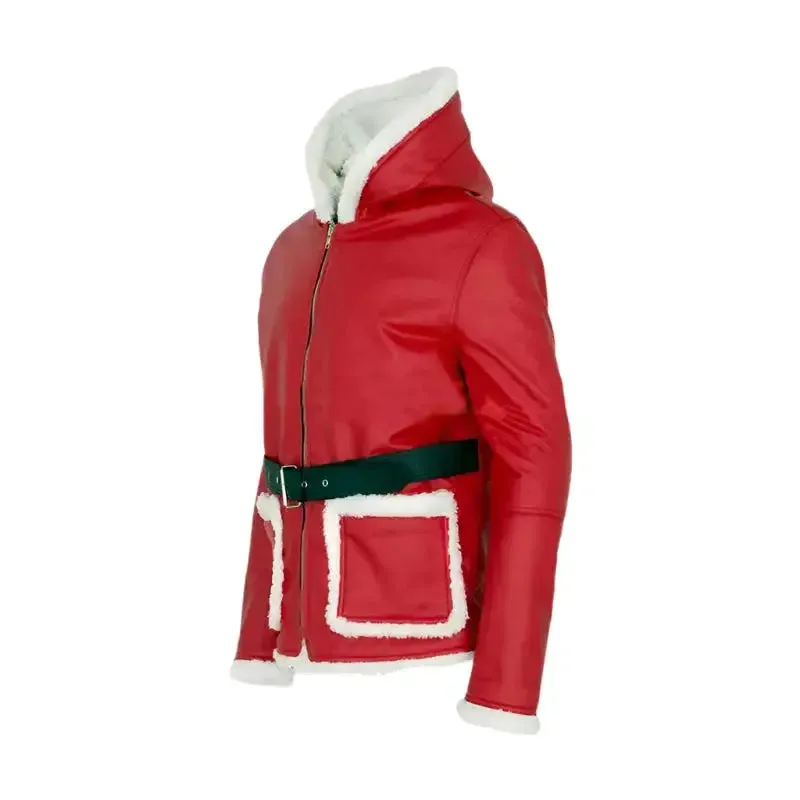 Santa Claus Hooded Red Leather Coat with Fur Trim - Holiday Edition