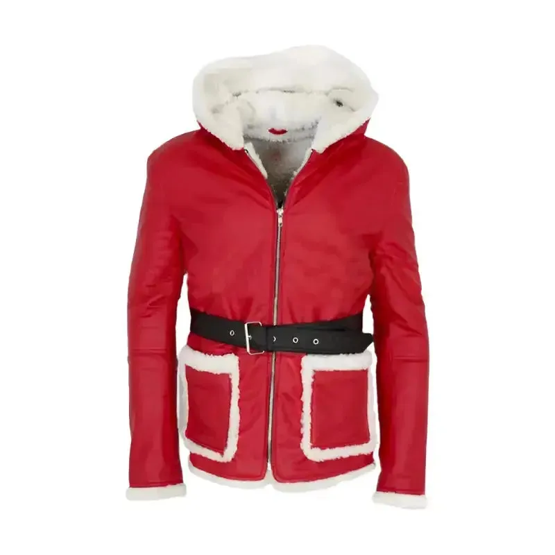 Santa Claus Hooded Red Leather Coat with Fur Trim - Holiday Edition
