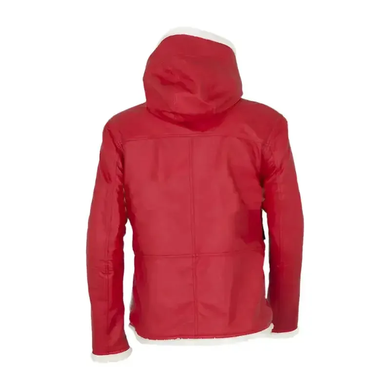 Santa Claus Hooded Red Leather Coat with Fur Trim - Holiday Edition