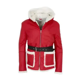 Santa Claus Hooded Red Leather Coat with Fur Trim - Holiday Edition