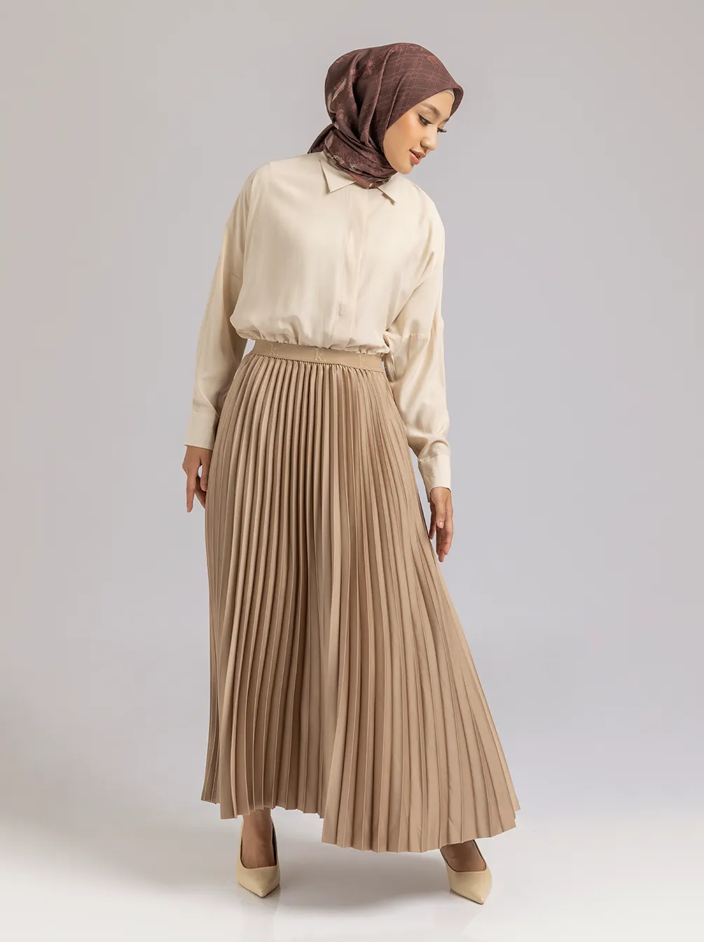 SATIN PLEATED SKIRT PLAIN MOCCA
