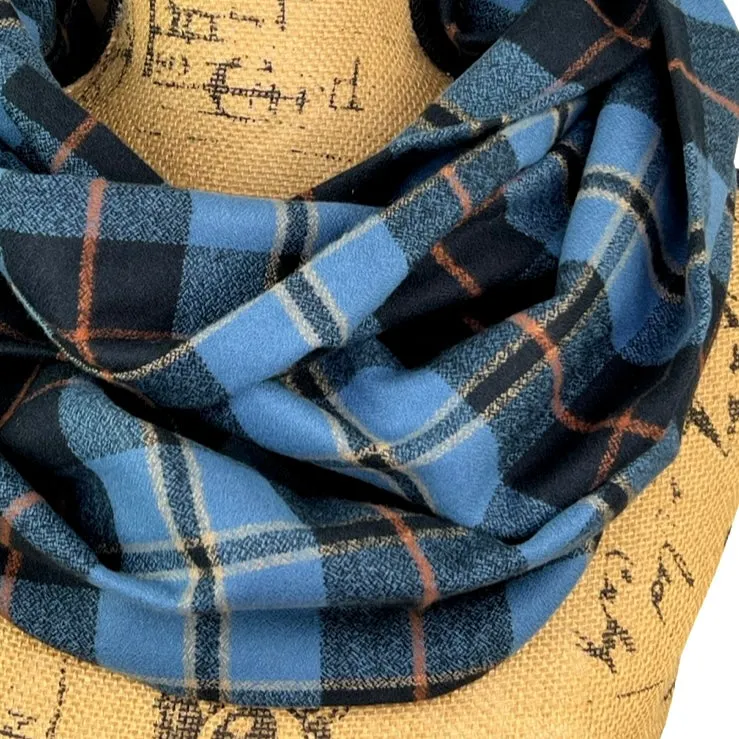Smoky Blue and Black Plaid with Persimmon and Pale Yellow Accent Luxe Collection Infinity and Blanket Scarves