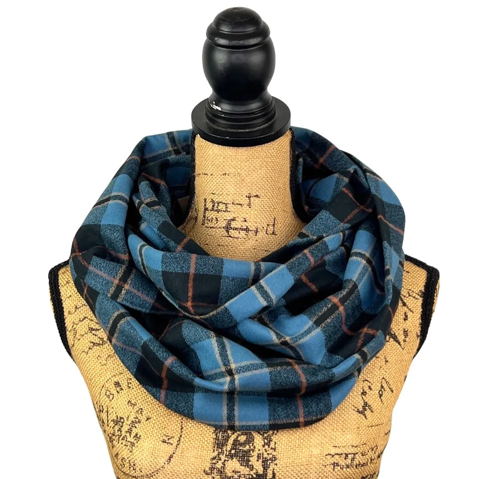 Smoky Blue and Black Plaid with Persimmon and Pale Yellow Accent Luxe Collection Infinity and Blanket Scarves