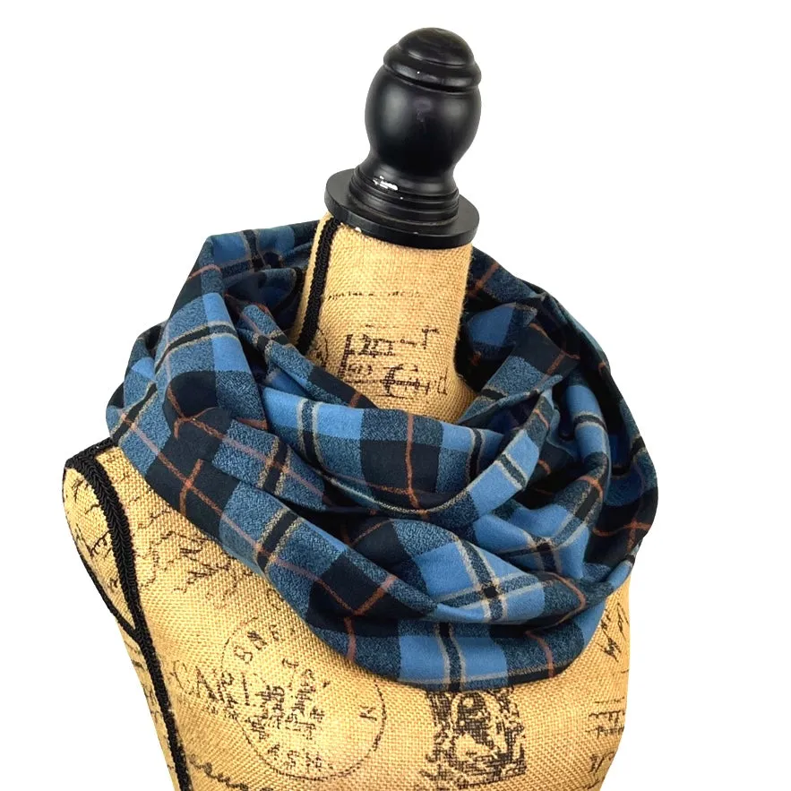 Smoky Blue and Black Plaid with Persimmon and Pale Yellow Accent Luxe Collection Infinity and Blanket Scarves
