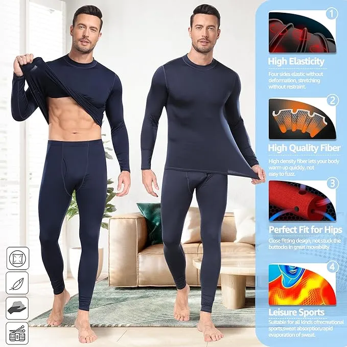 UNIQUEBELLA Mens Thermal Underwear Set Long Sleeve Tops Long Johns Thermal Base Layer Bottom Fleece Lined Quick Drying
