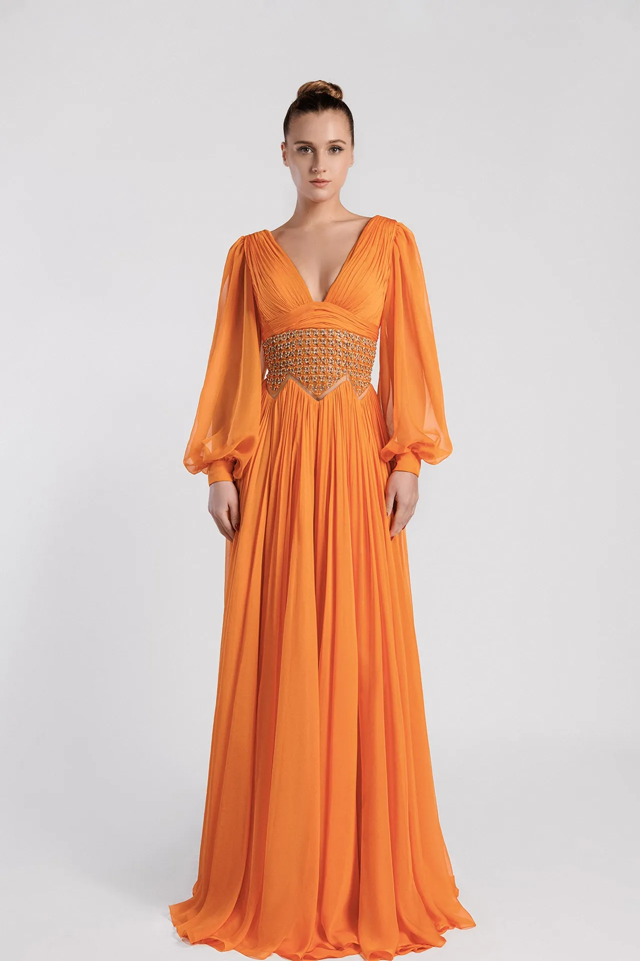 V-Neck Flared Evening Dress with Bishop Sleeves and Open Back