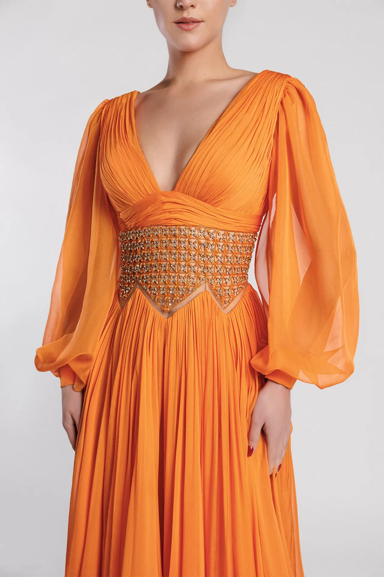 V-Neck Flared Evening Dress with Bishop Sleeves and Open Back