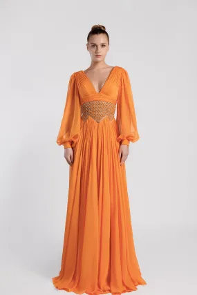 V-Neck Flared Evening Dress with Bishop Sleeves and Open Back