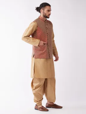VM BY VASTRAMAY Men's Rose Gold Solid Silk Blend Kurta and Dhoti With Maroon Nehru Jacket