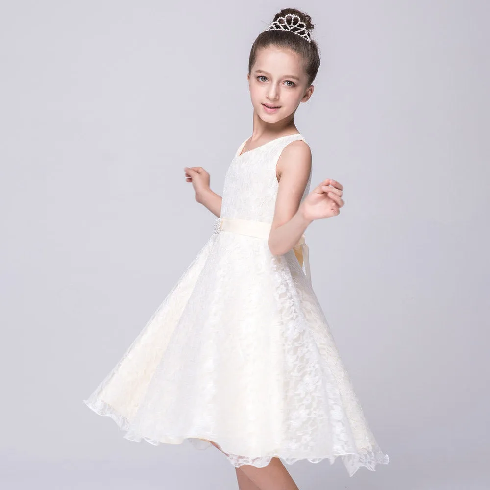 White Lace Sleeveless Dress, Size 4-14 Yrs