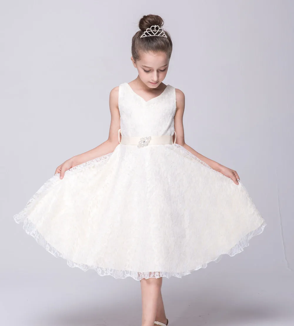White Lace Sleeveless Dress, Size 4-14 Yrs