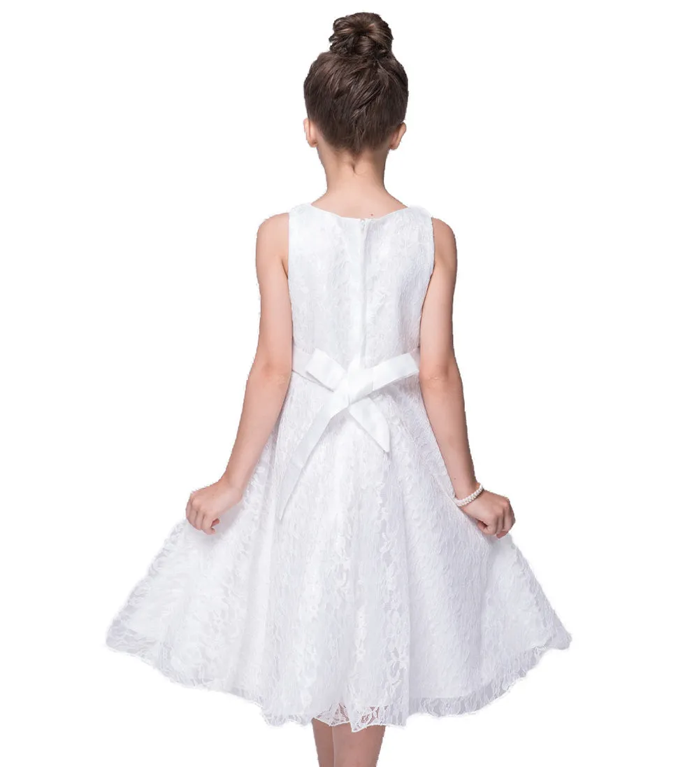 White Lace Sleeveless Dress, Size 4-14 Yrs