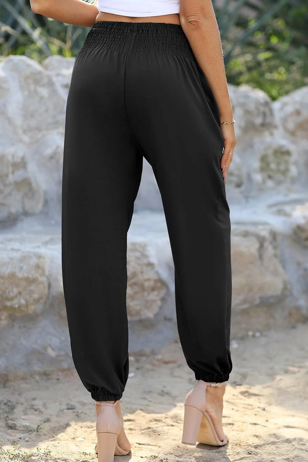 Wide Smocked Waist Black Joggers