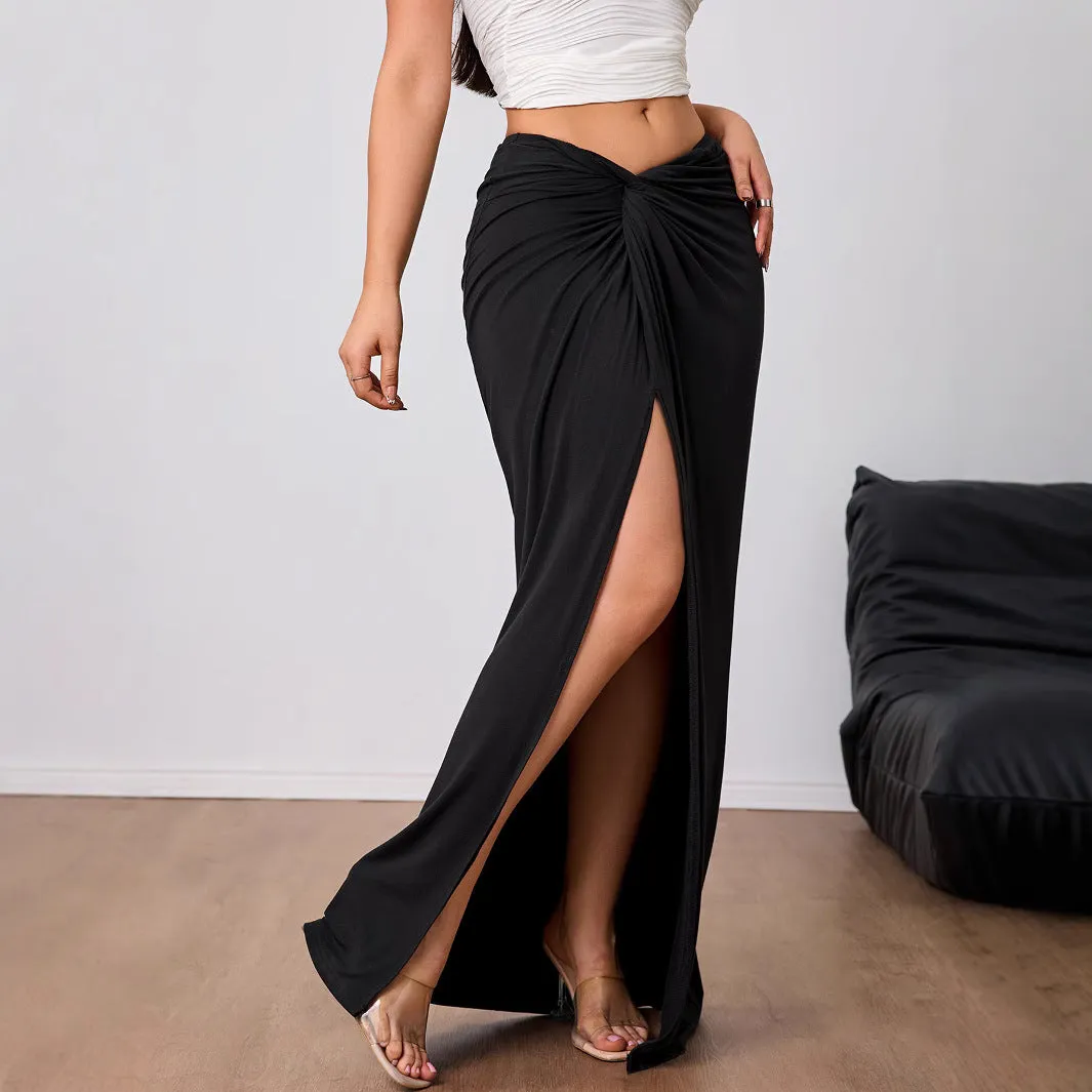 Women Autumn Winter High Waist Slit Midi Skirt