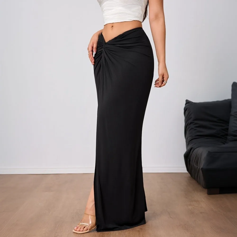 Women Autumn Winter High Waist Slit Midi Skirt