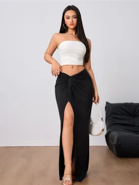 Women Autumn Winter High Waist Slit Midi Skirt
