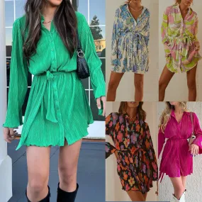 Women's Flower Print Sweet Tie-neck Long Sleeve Dresses