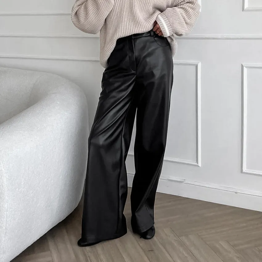 Women’s French Retro Plush Matte Leather Slim High-Waisted Loose Trousers