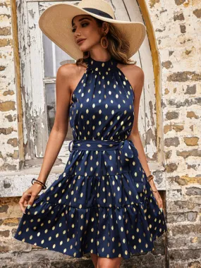 Women’s Halterneck Sleeveless Dot Midi Dress with Waist Tie in 3 Colors S-2XL
