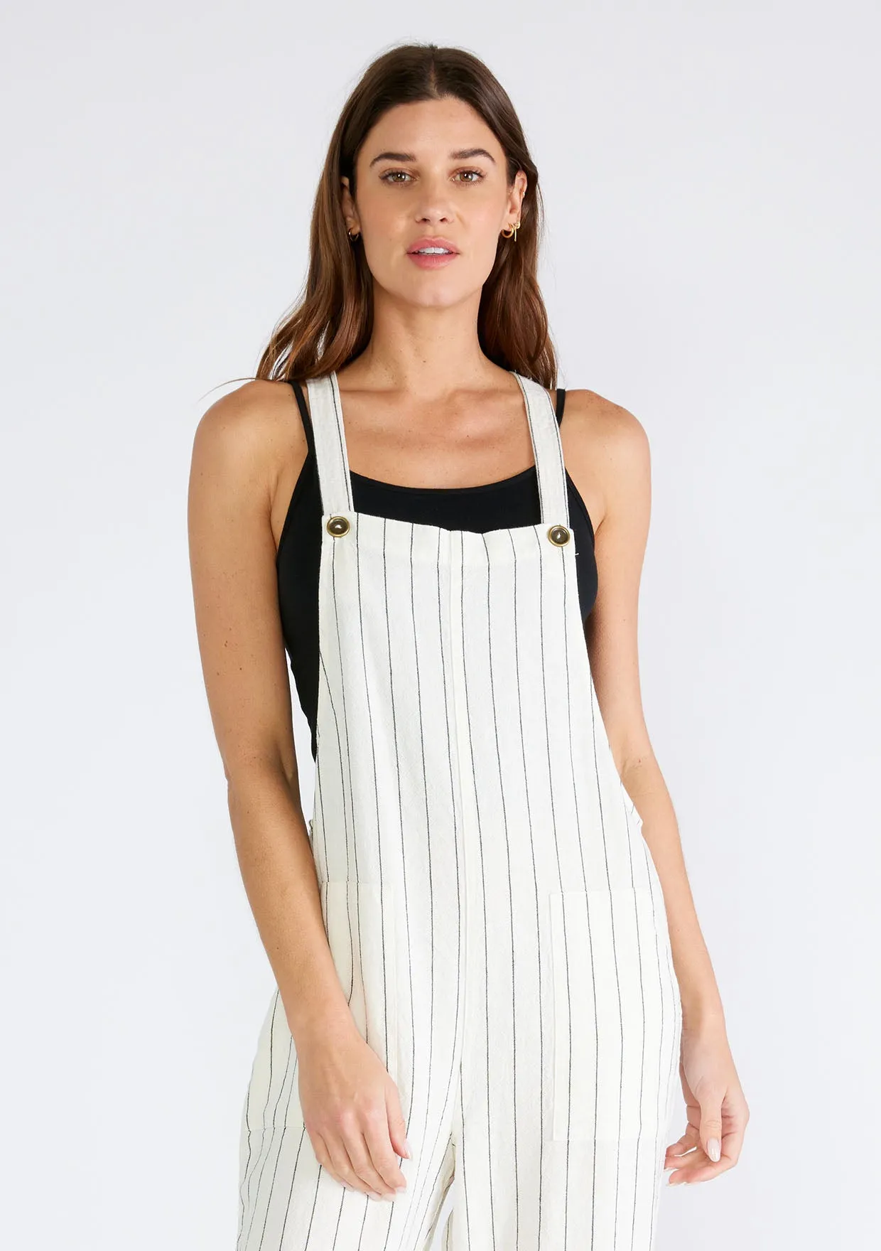 Yarn Dye Striped Button Strap Overall