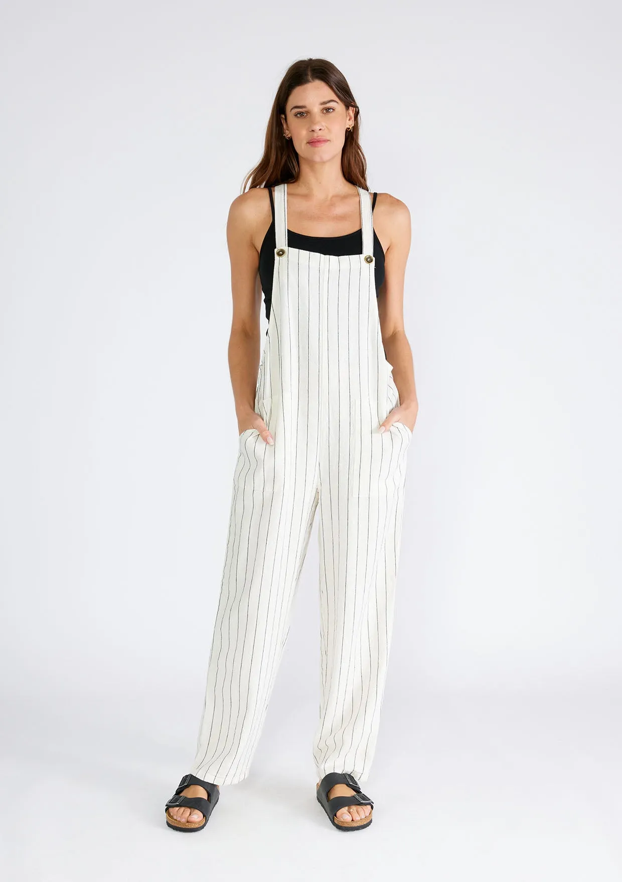 Yarn Dye Striped Button Strap Overall