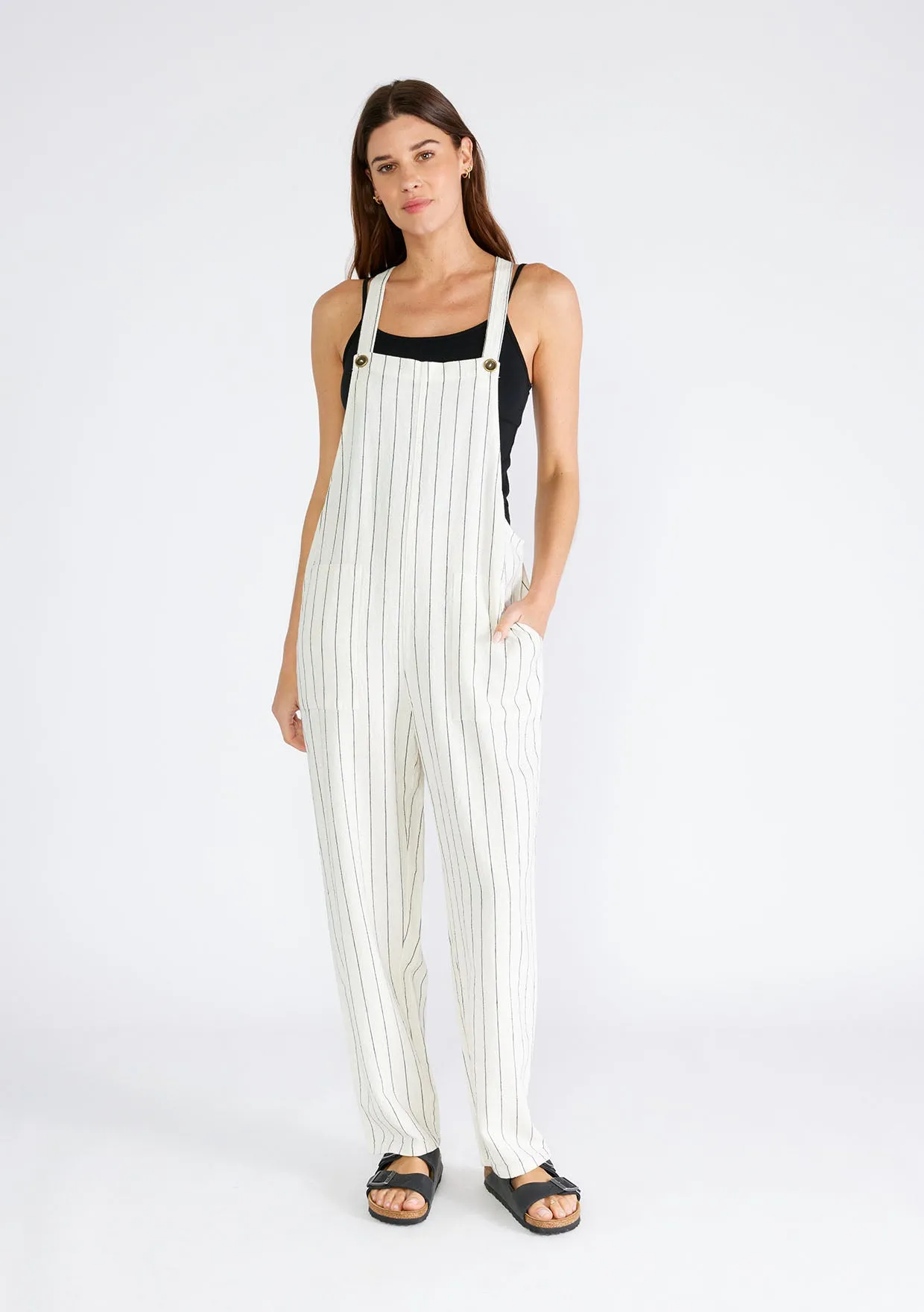 Yarn Dye Striped Button Strap Overall