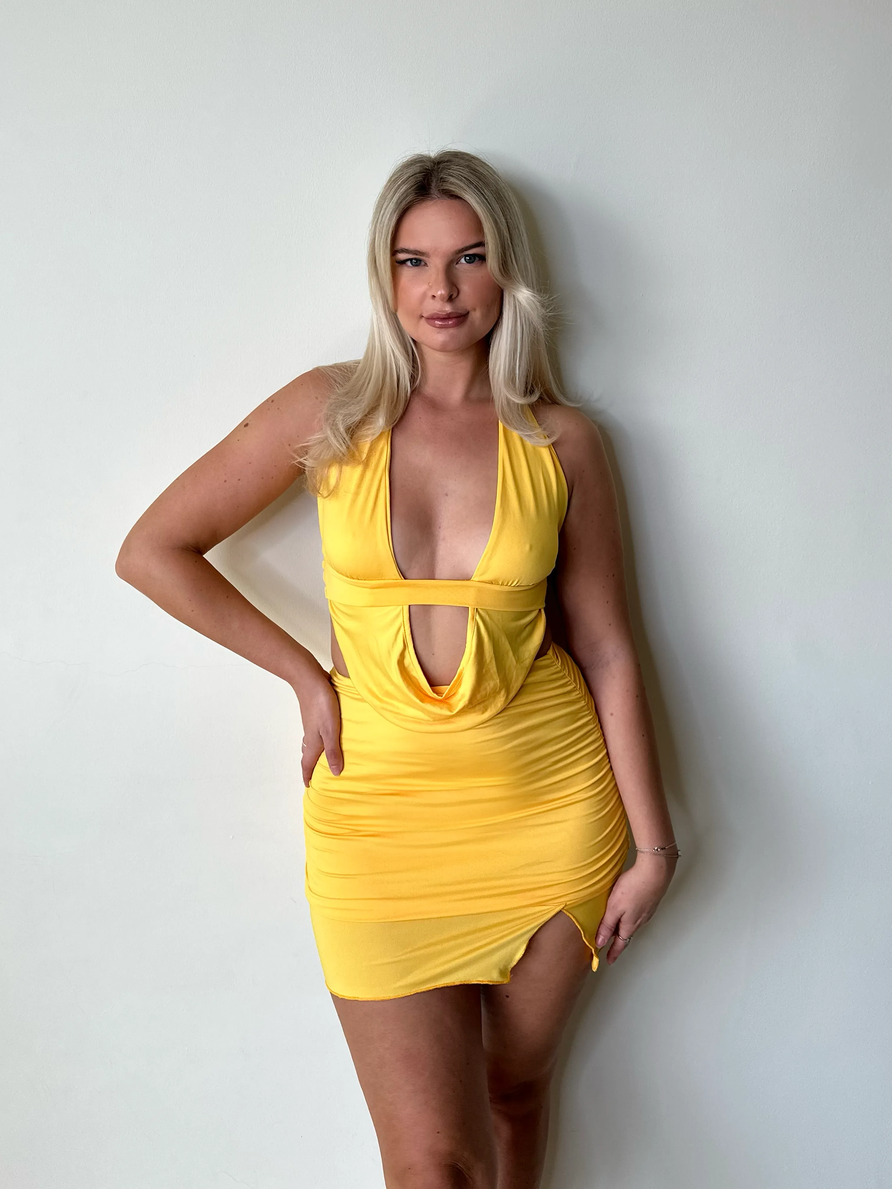 Yellow drape Crop Top & Ruched Mini Skirt Coord