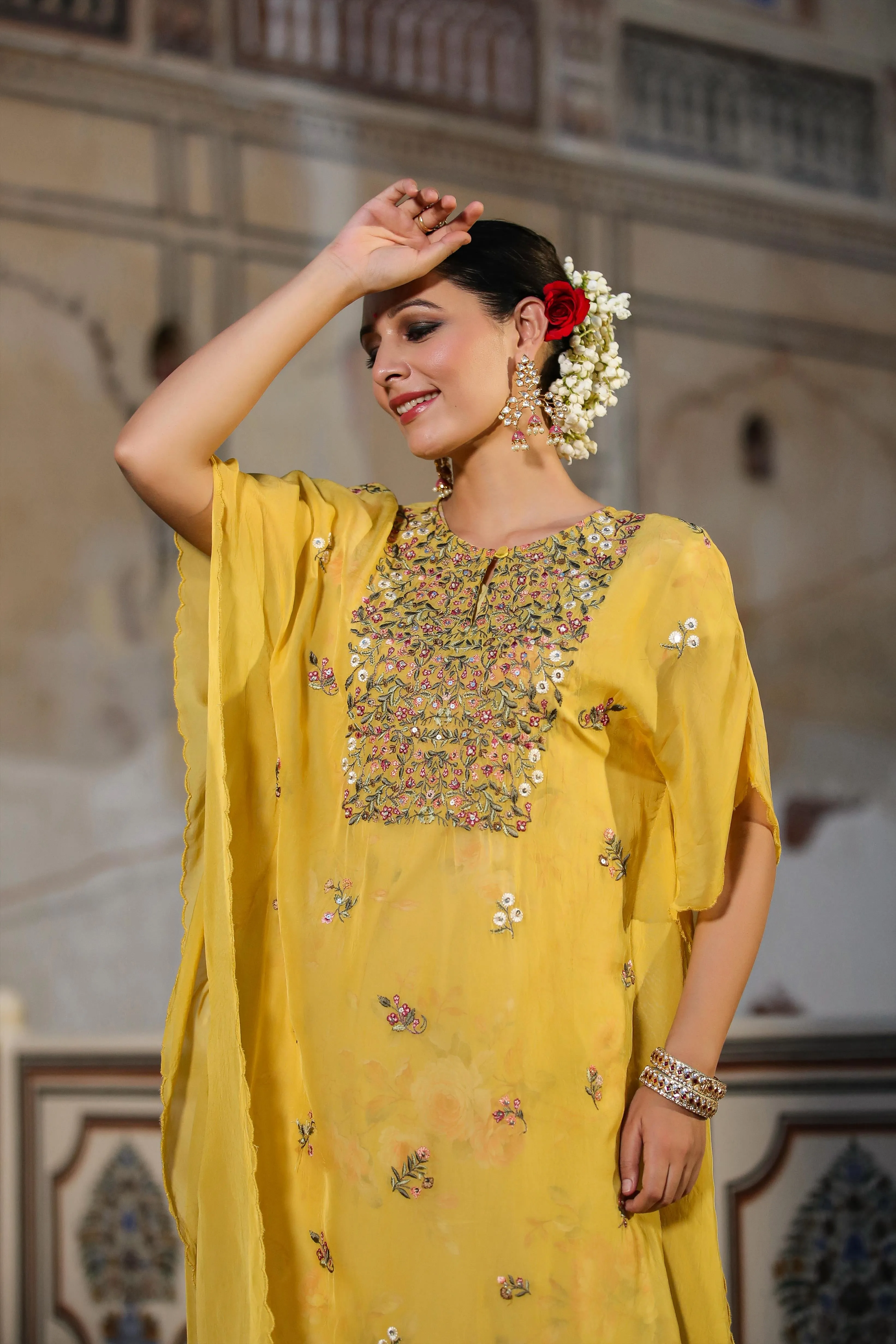 Yellow Linen Floral Print Midi Dress With Organza Embroidered Kaftan