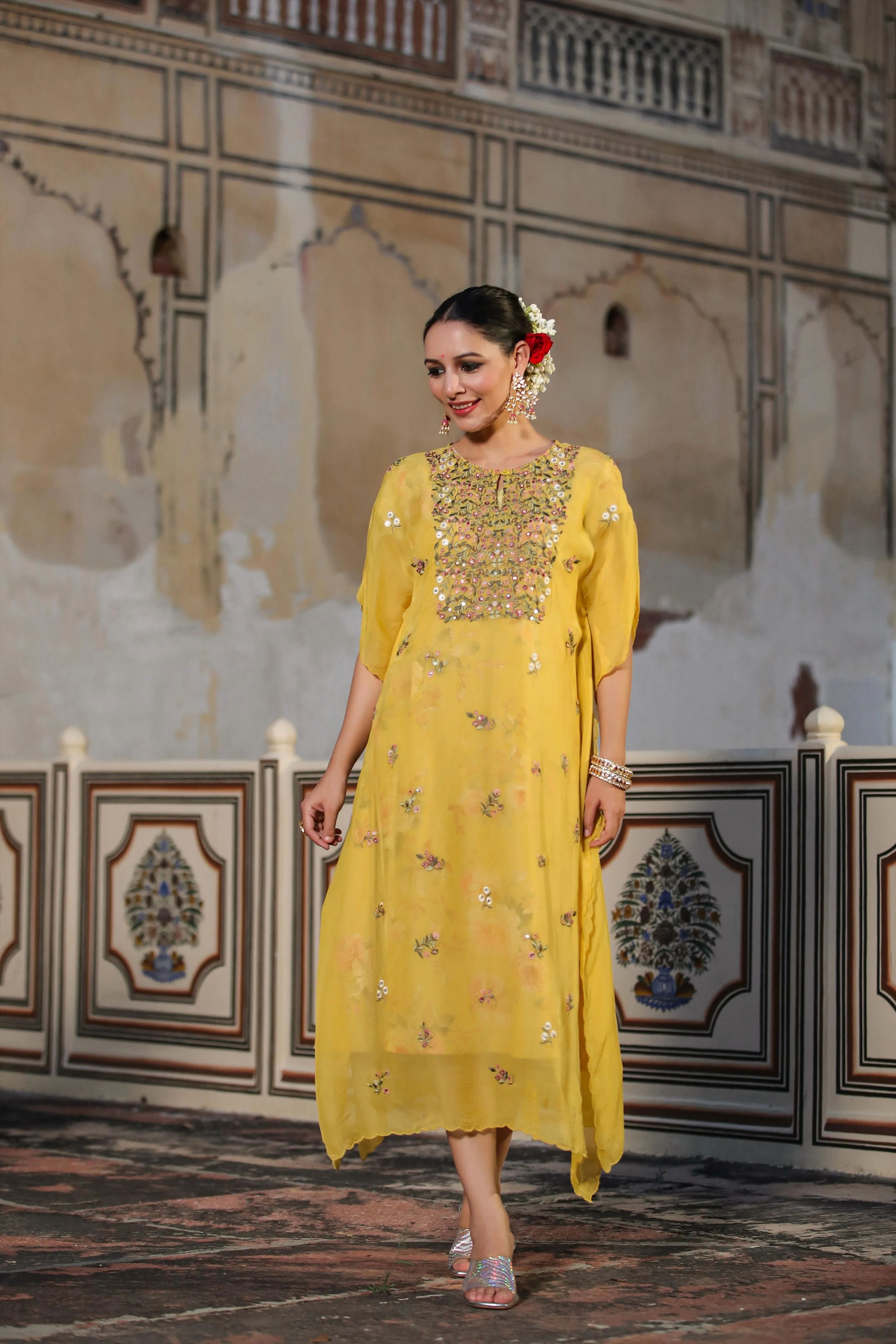 Yellow Linen Floral Print Midi Dress With Organza Embroidered Kaftan