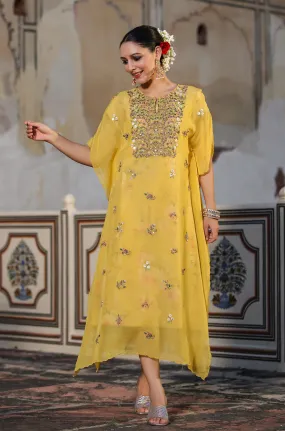 Yellow Linen Floral Print Midi Dress With Organza Embroidered Kaftan