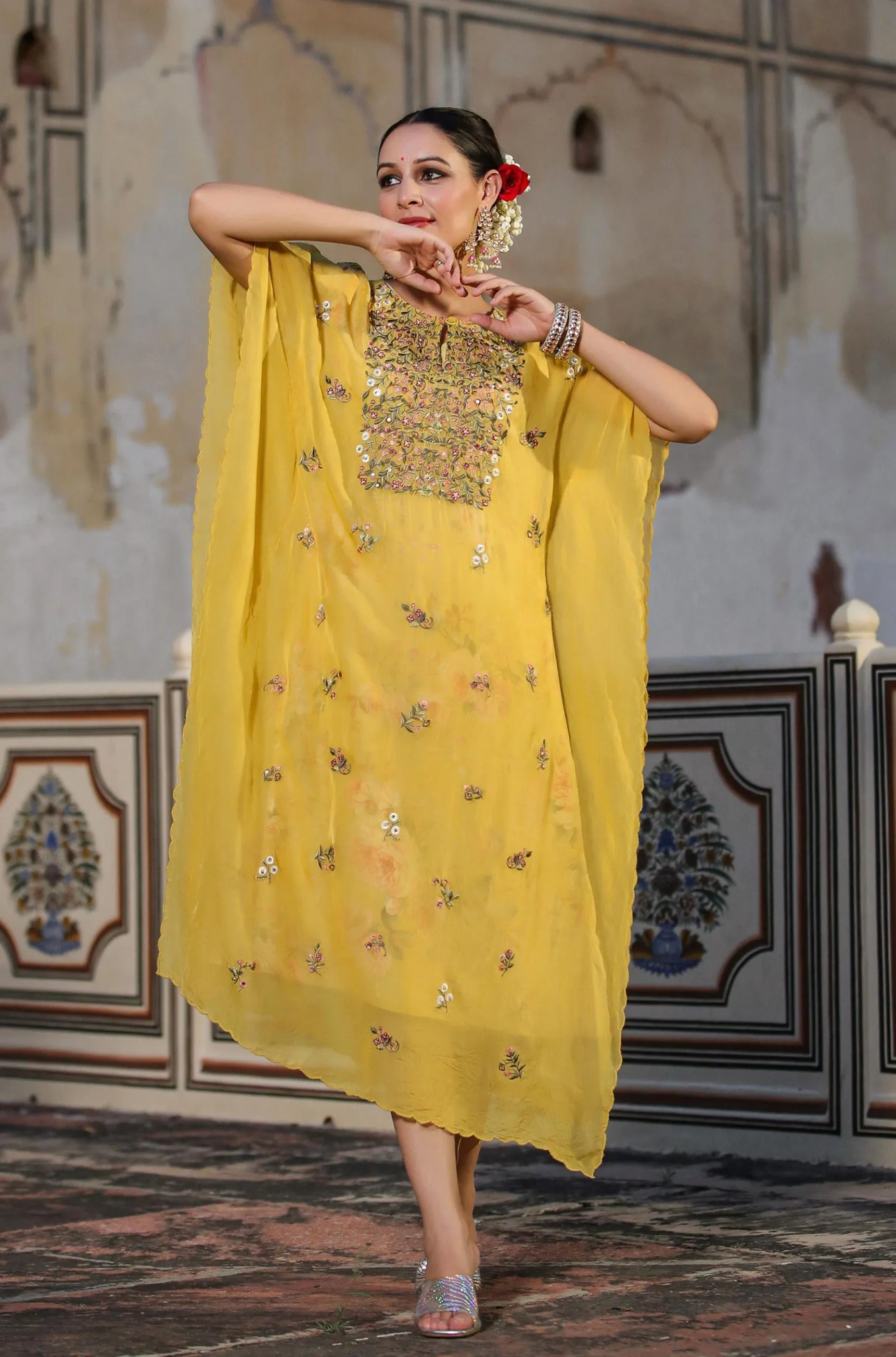 Yellow Linen Floral Print Midi Dress With Organza Embroidered Kaftan