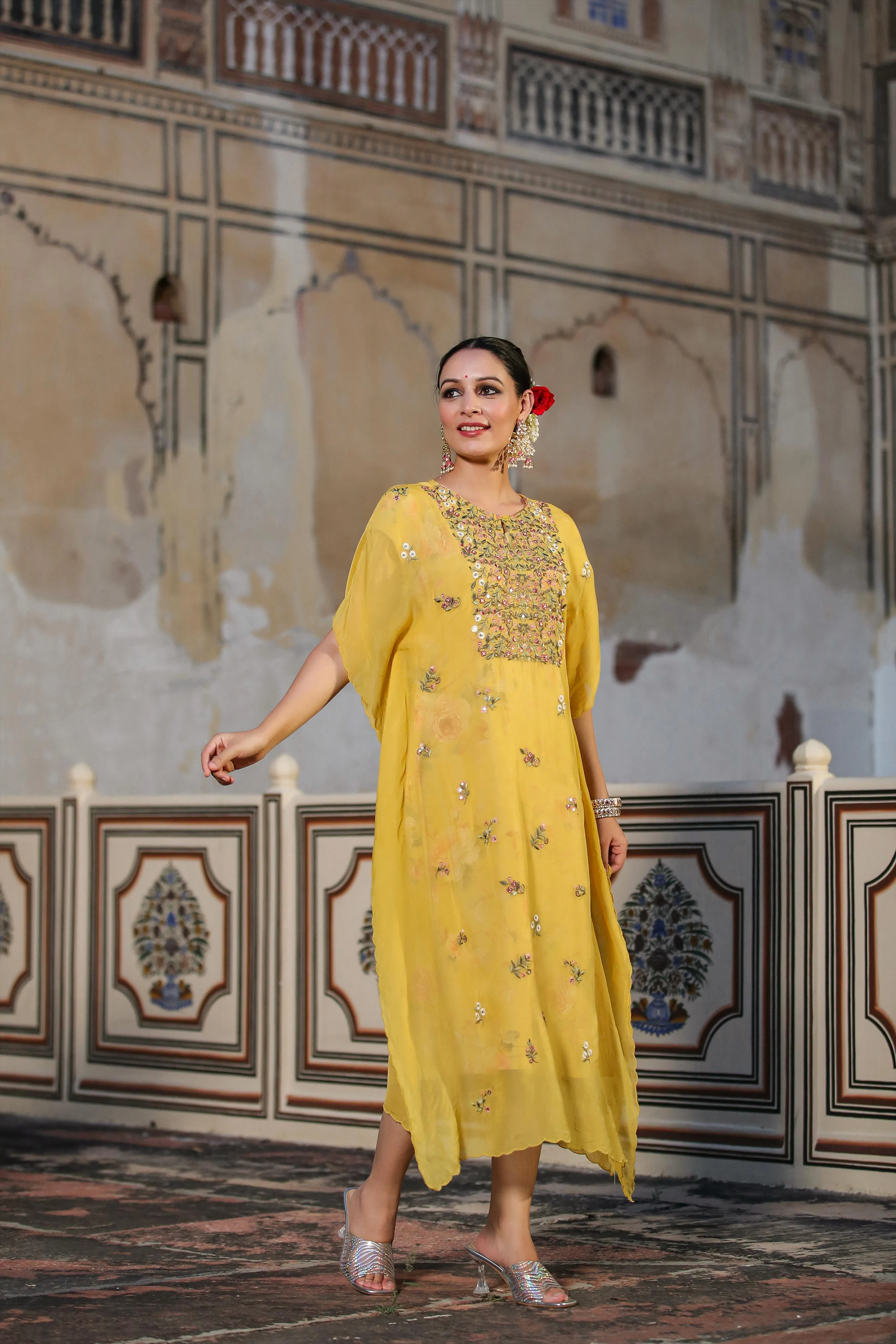 Yellow Linen Floral Print Midi Dress With Organza Embroidered Kaftan