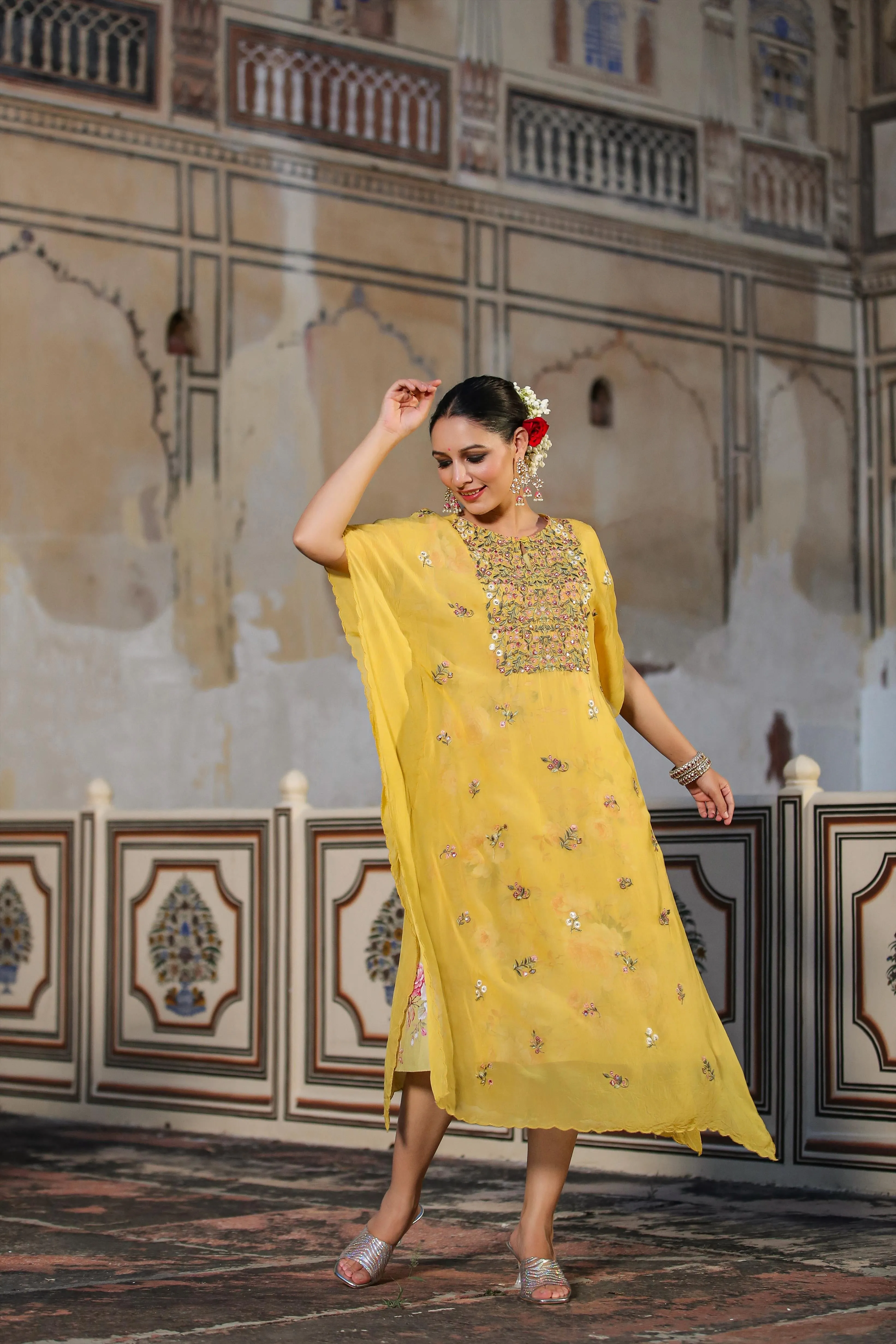 Yellow Linen Floral Print Midi Dress With Organza Embroidered Kaftan