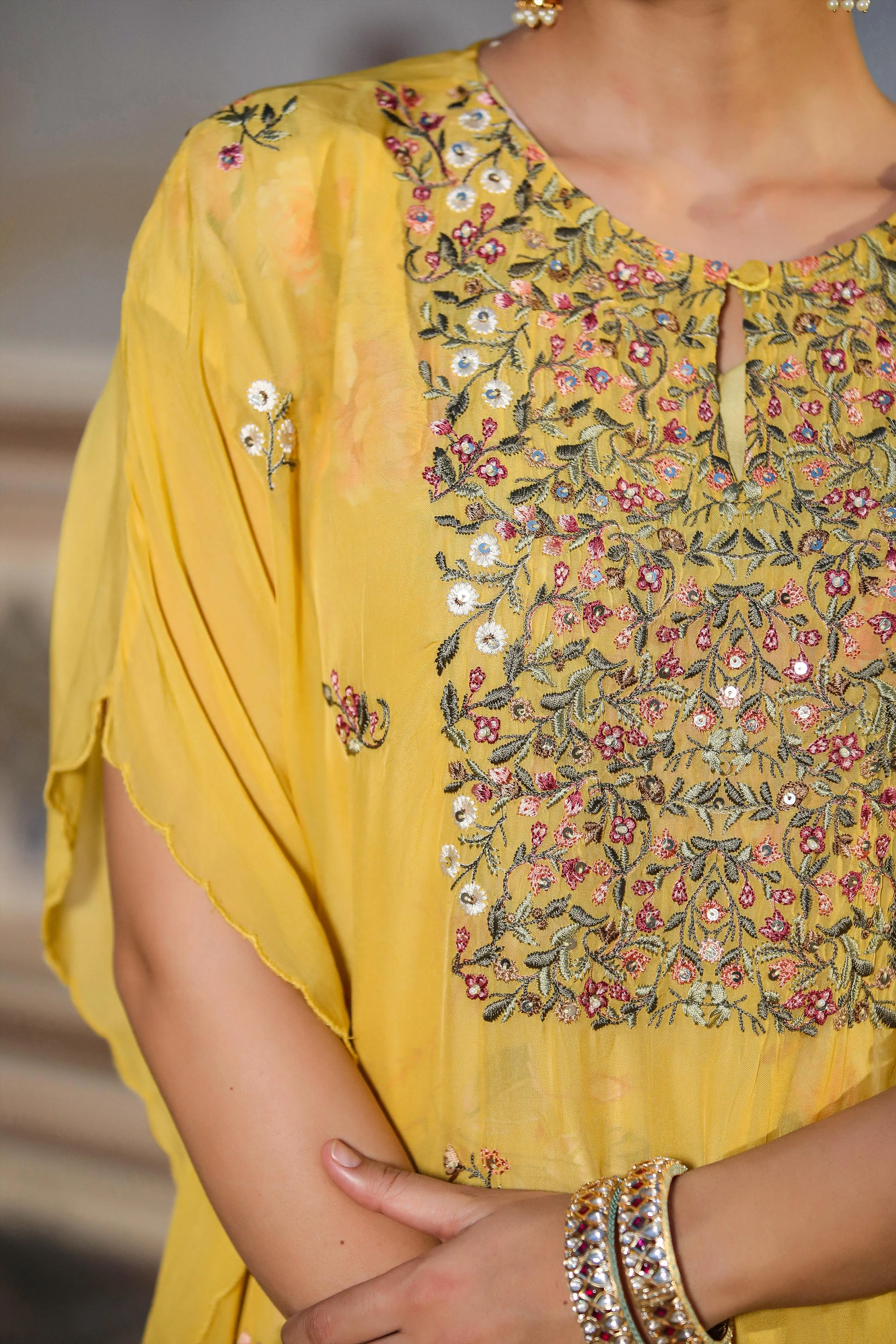 Yellow Linen Floral Print Midi Dress With Organza Embroidered Kaftan