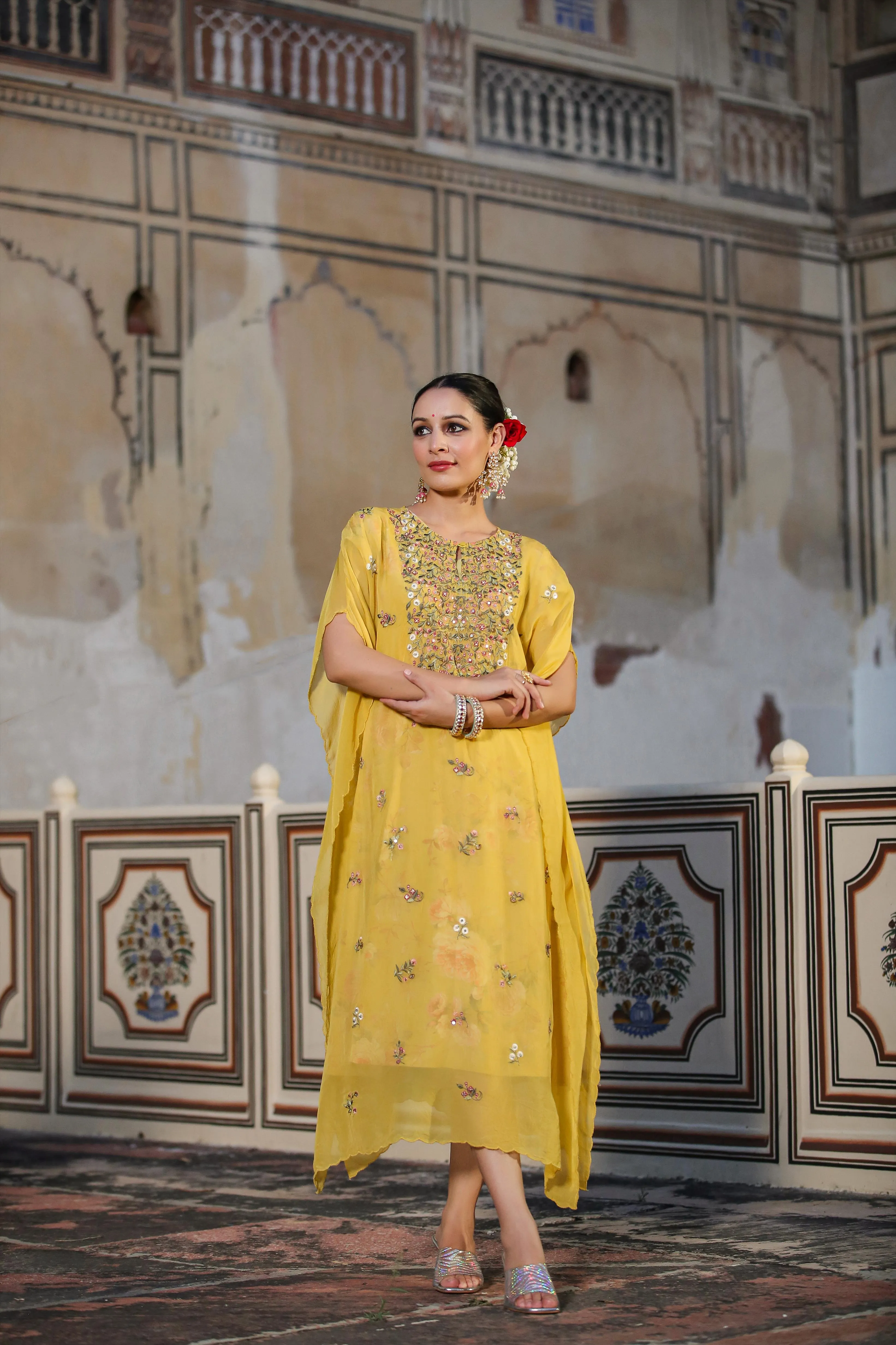 Yellow Linen Floral Print Midi Dress With Organza Embroidered Kaftan
