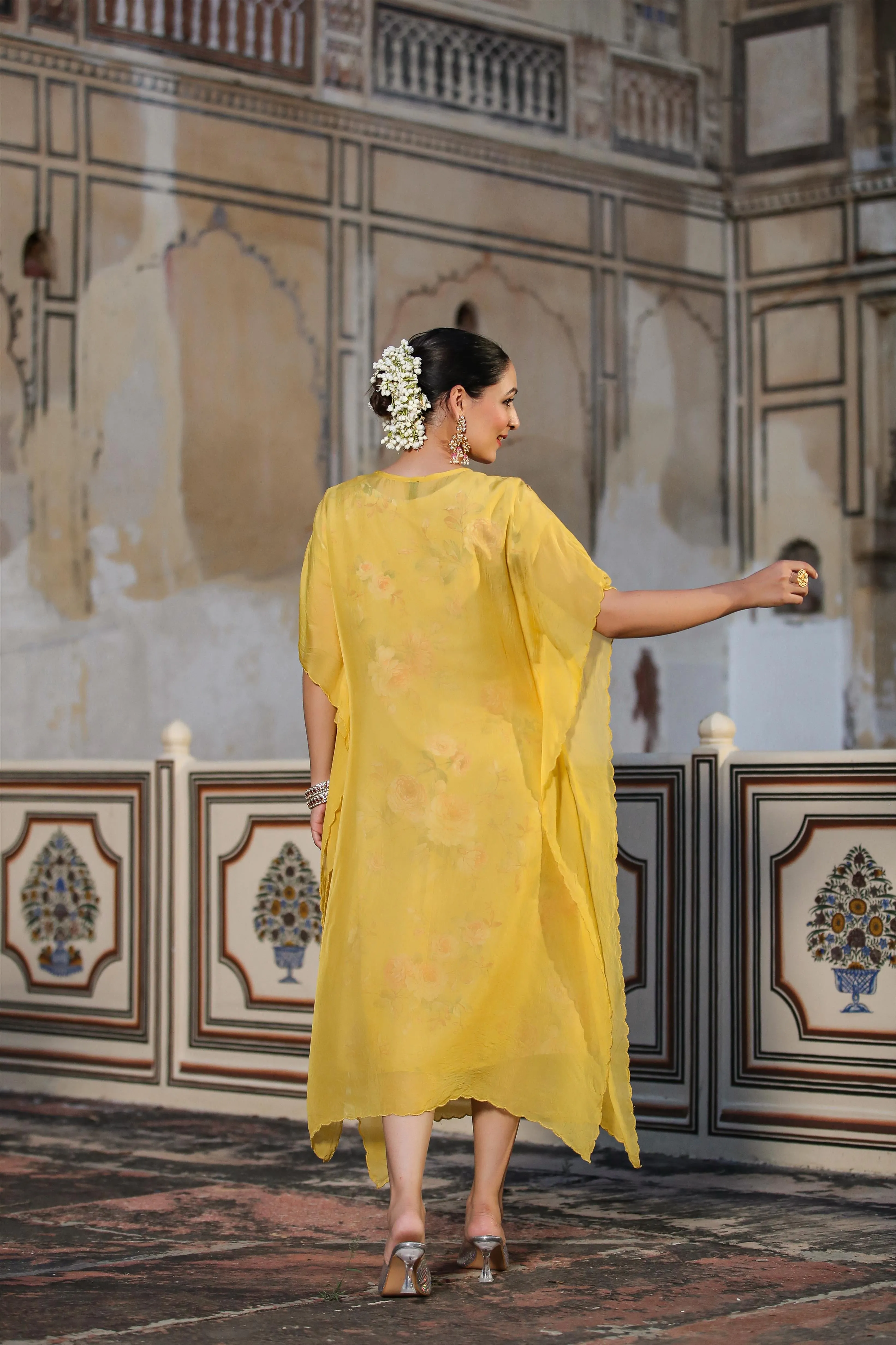 Yellow Linen Floral Print Midi Dress With Organza Embroidered Kaftan