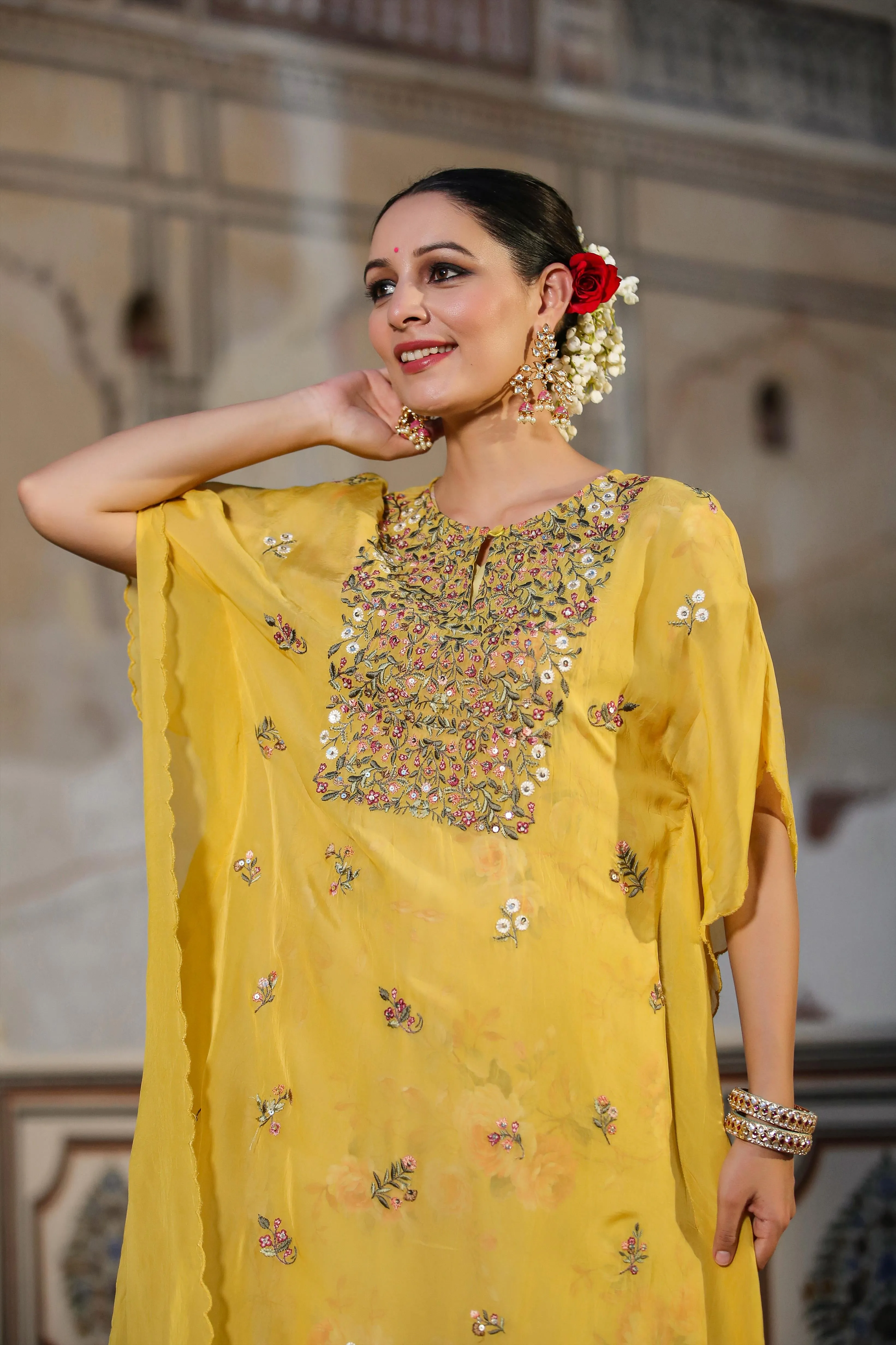 Yellow Linen Floral Print Midi Dress With Organza Embroidered Kaftan