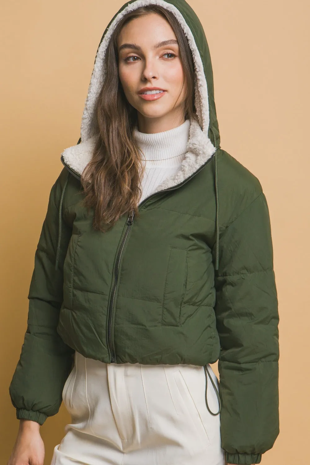 Zip Up Cropped Hooded Sherpa Reversible Jacket in Hunter Greent