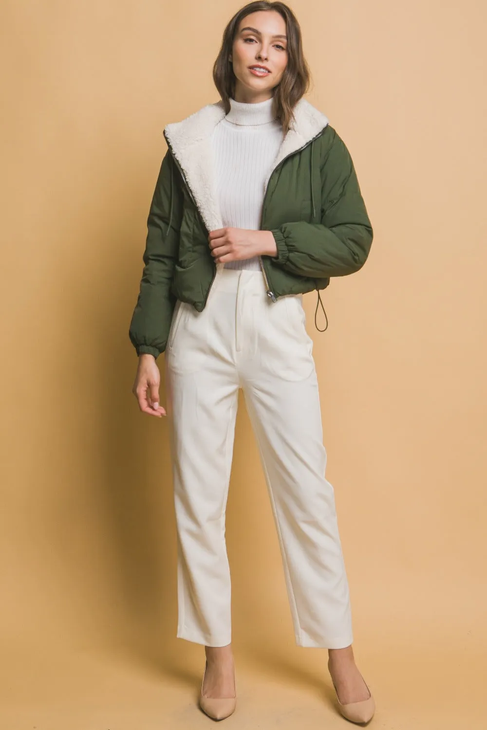 Zip Up Cropped Hooded Sherpa Reversible Jacket in Hunter Greent