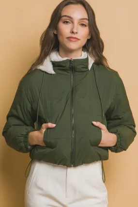 Zip Up Cropped Hooded Sherpa Reversible Jacket in Hunter Greent