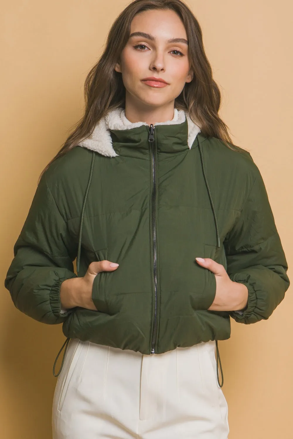 Zip Up Cropped Hooded Sherpa Reversible Jacket in Hunter Greent