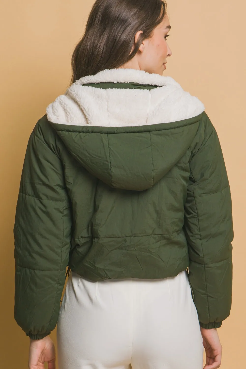 Zip Up Cropped Hooded Sherpa Reversible Jacket in Hunter Greent